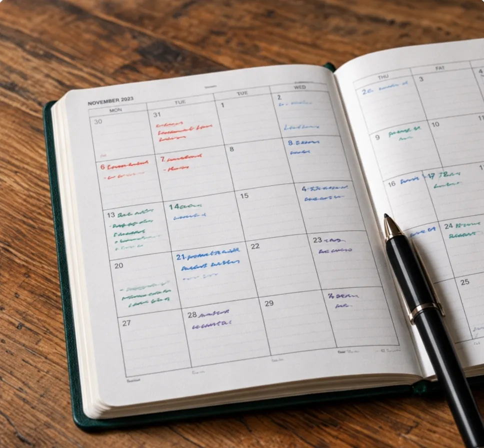 Een opengeslagen weekplanner met handgeschreven afspraken.